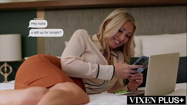 Her husband thinks she's still at the office - but Holly is really working in a hotel room with two huge cocks!