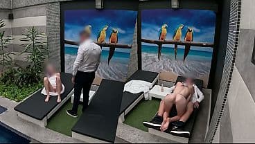 I undress unexpectedly in front of the apartment's waiter, open my towel by the pool, he agrees to eat me out, and I give him a handjob and blowjob until he finishes inside my mouth. It was his lucky day; it was the first time it had happened to him