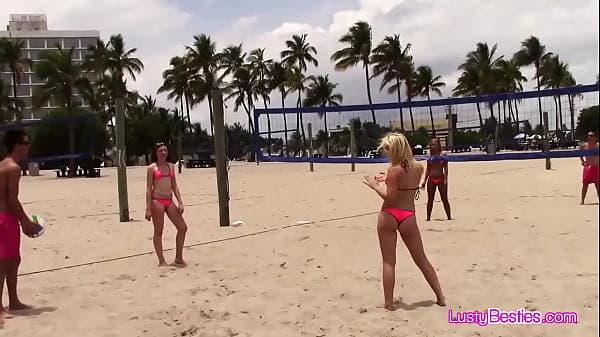 Bikini girlfriends having fun on the sun on a public beach then in a private pool