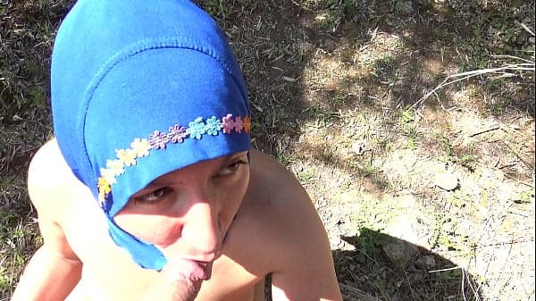 Hairy arab milf gets big cumshot from horny stranger in public nudist area