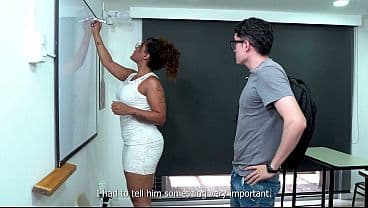 Latina teacher Ebony fucks a big-dicked nerd in the classroom after class, filling his mouth with cum!