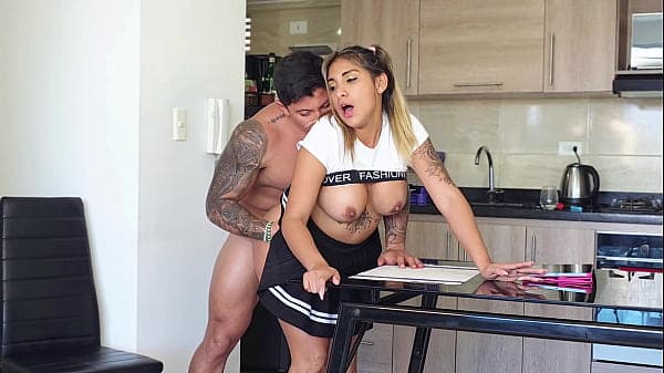 Stepsister looks for her stepbrother's cock under the table! Ends up with her pussy filled with cum