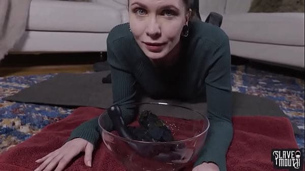 Blond slave girl degrades herself by bobbing for her dom's piss soaked socks and puke on dildos from his ass
