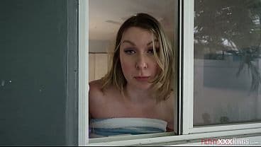 Busty milf fucks perv guy peeping on her