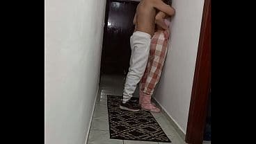 Stepdaughter grinding against the wall, rubbing dry and masturbating her.
