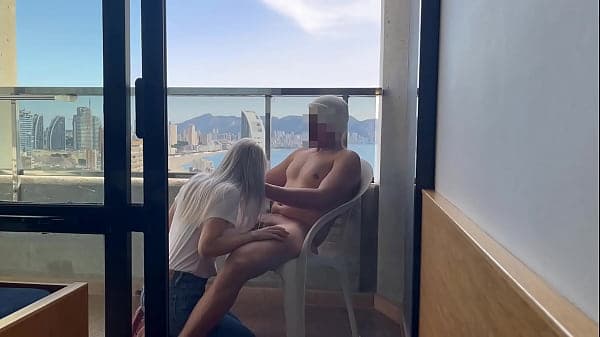 I call the woman secretary at the hotel reception on the phone to come up to my room to review a problem and she catches me jerking off, she helps me finish cumming with a good blowjob, it was too risky, they could kick her out of work
