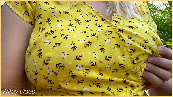 Wifey heads out in a cute summer dress braless and looks amazing with her blonde hair.